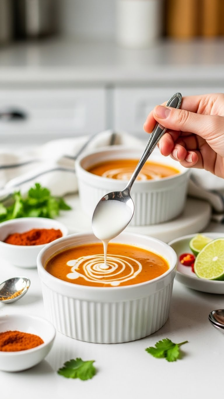 Swirl Of Heavy Cream Being Stirred Into Vibrant Orange-Red Chicken Tortilla Soup, Enhancing Flavor And Texture With Spices.