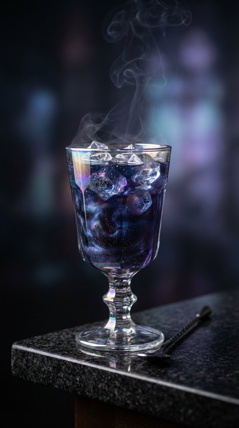 Swirling Blue Purple Mystic Galaxy Drink In Ornate Goblet With Cosmic Glitter Particles On Polished Stone