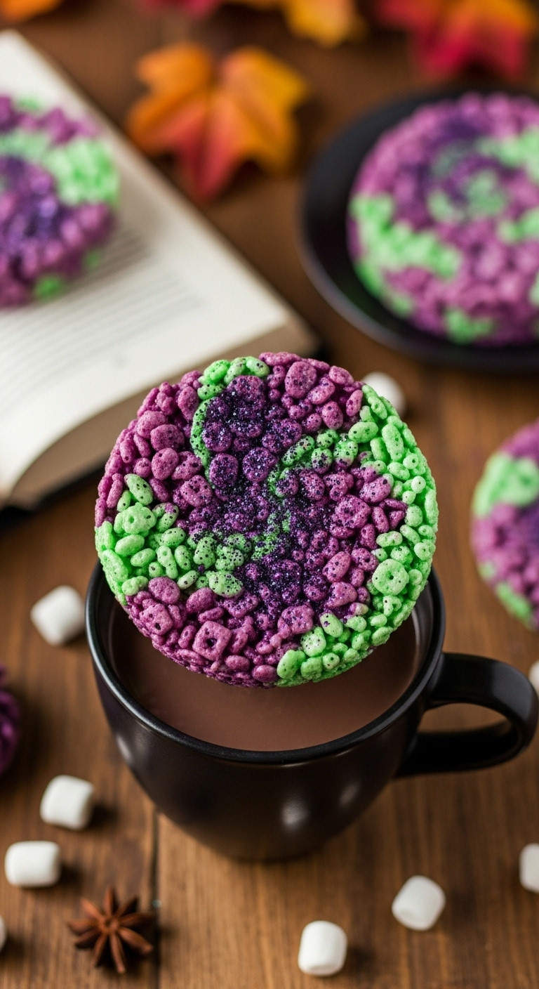 Swirling Purple And Green Witch's Brew Hot Cocoa Topper With Glitter. Spooky Halloween Hot Chocolate Drink.