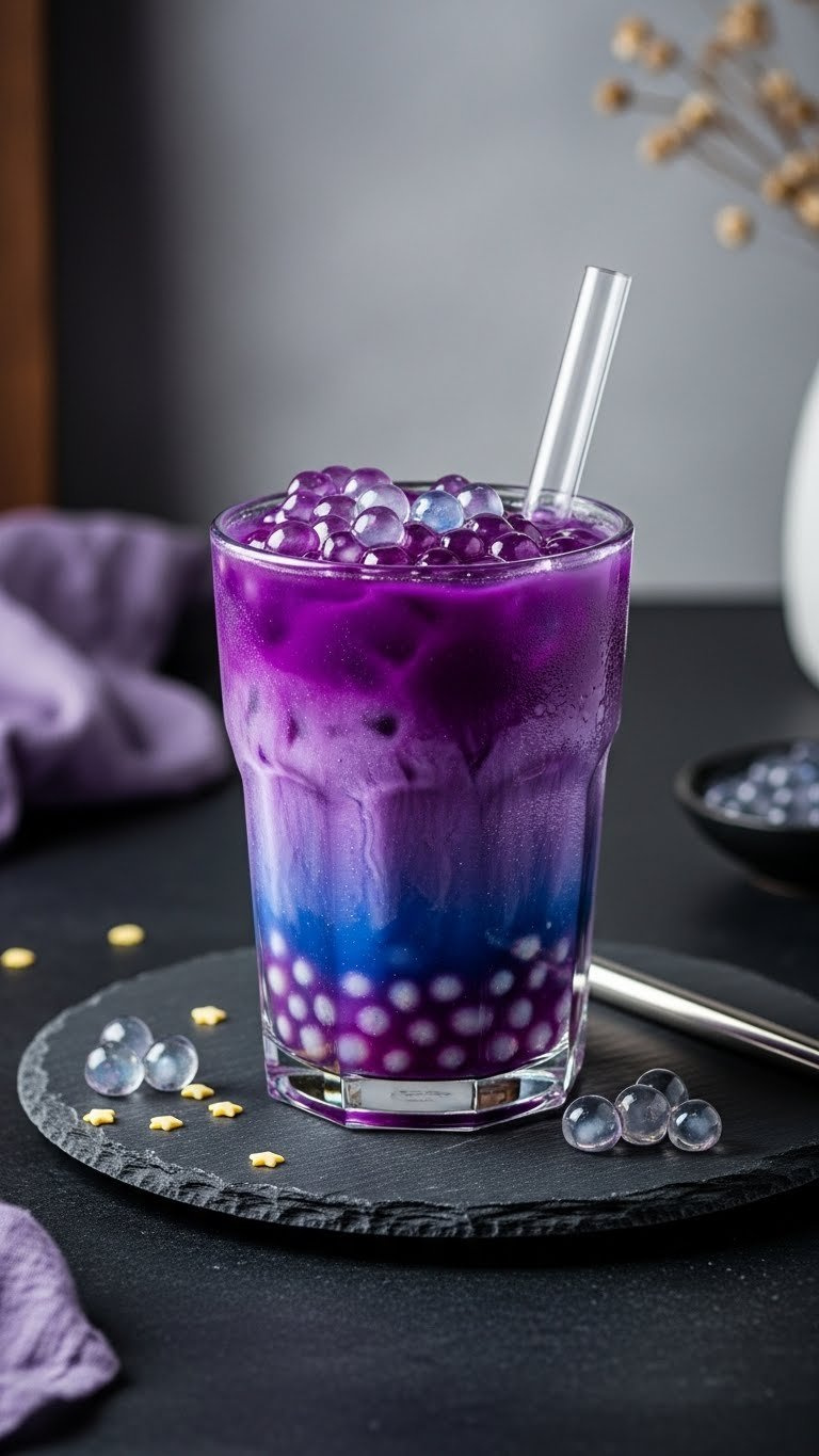 Swirling Purple Galaxy-Inspired Boba Tea With Iridescent Pearls On Dark Polished Stone Surface