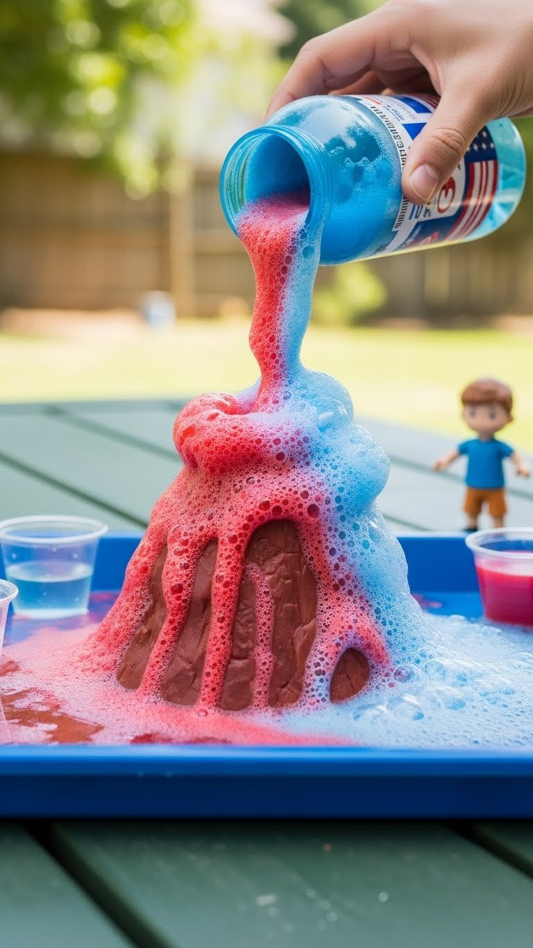 Tabletop Volcano Erupting With Red White Blue Foam From Baking Soda Vinegar Science Experiment For 4Th Of July