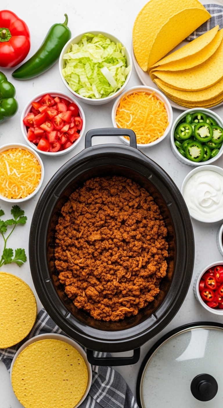 Taco Bar Setup With Seasoned Meat, Toppings, Taco Shells, And Sour Cream