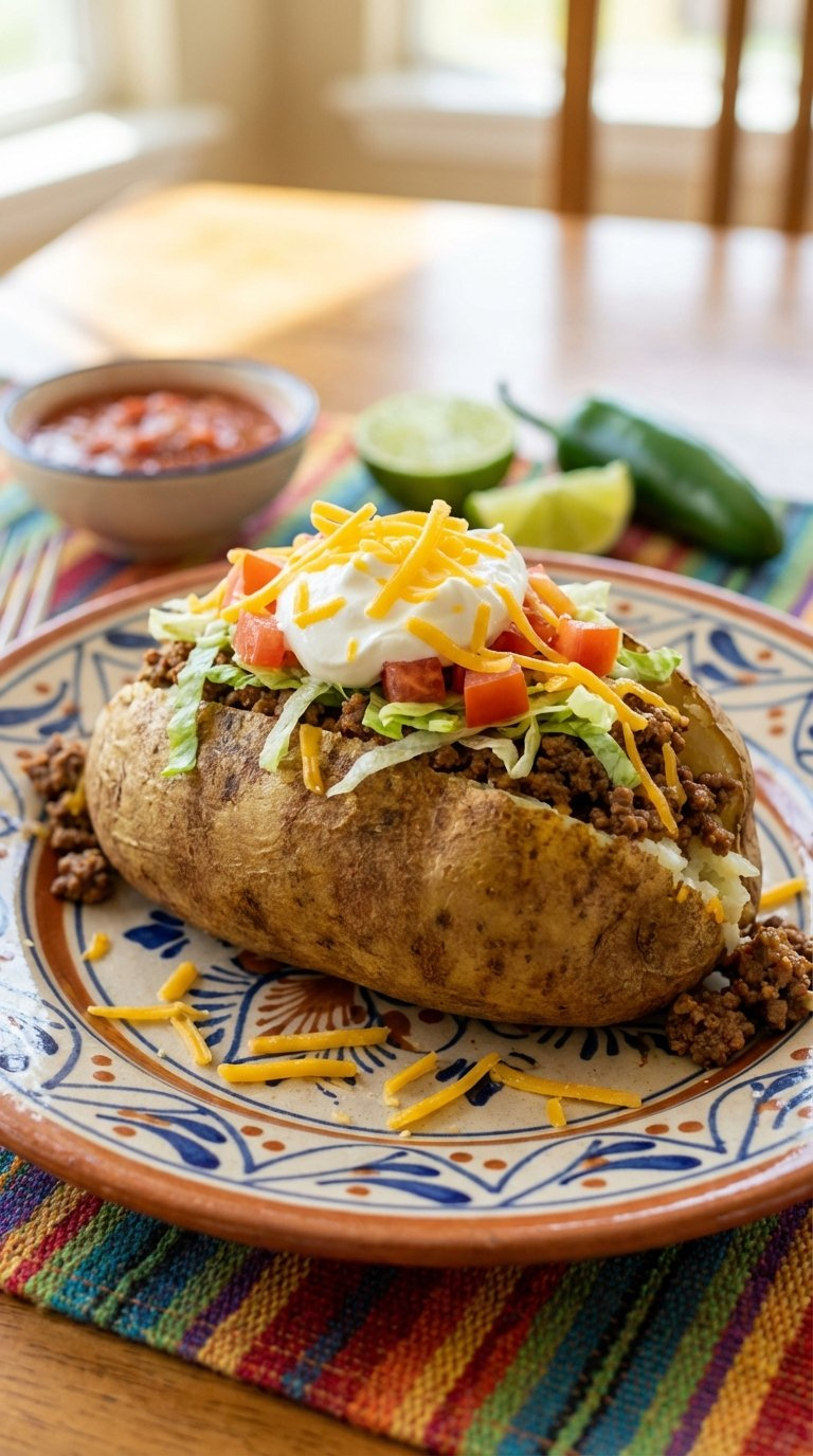 Taco-Inspired Baked Potato With Seasoned Ground Beef, Shredded Lettuce, Tomatoes, Sour Cream, And Cheddar Cheese