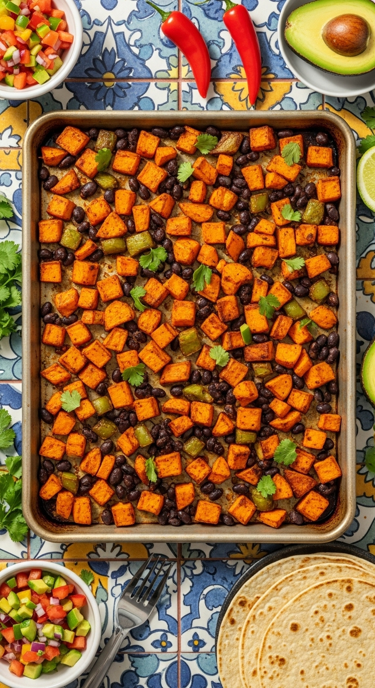 Taco Seasoned Roasted Sweet Potato Cubes And Black Beans On A Vibrant Sheet Pan With Pico De Gallo And Avocado