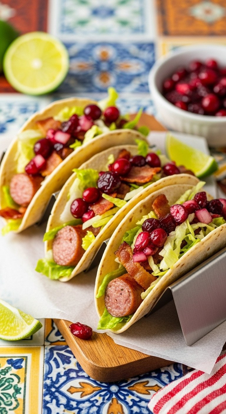 Tacos With Chopped Pigs In Blankets, Lettuce, Cranberry Salsa In Holder On Wood Board, With Lime.