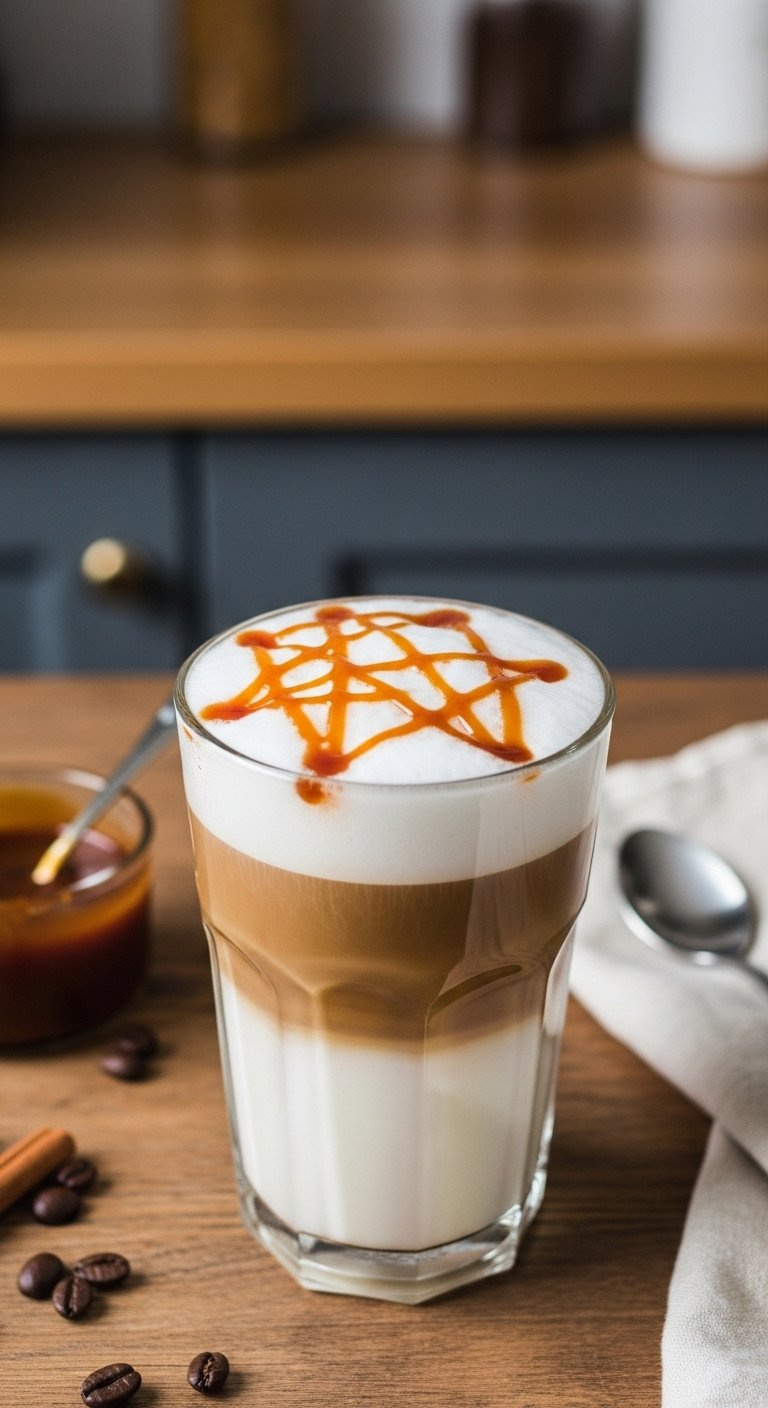 Tall Caramel Macchiato Showing Distinct Layers Of Milk And Coffee With Caramel Drizzle On Top.