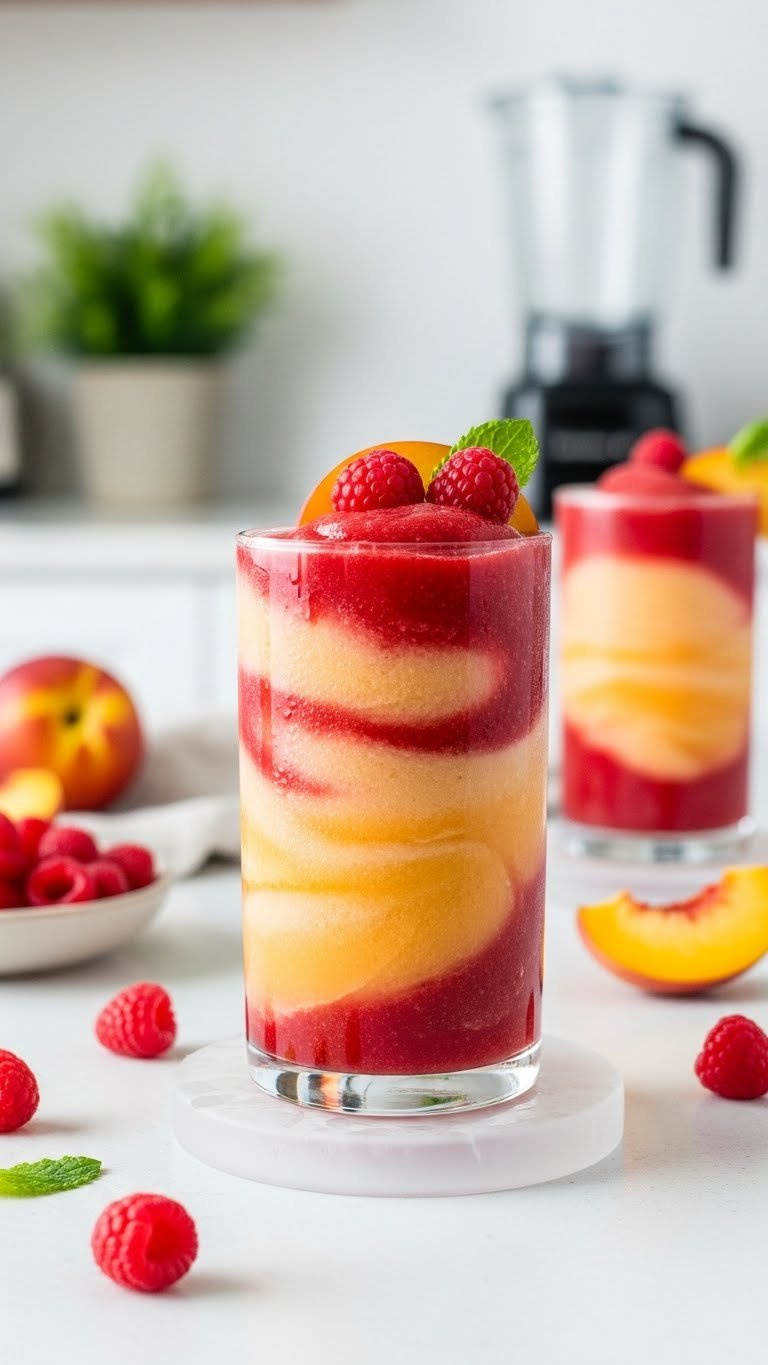 Tall Chilled Glass Of Frozen Peach Raspberry Lemonade With Swirled Layers Topped With Fresh Raspberries And Peach Slice