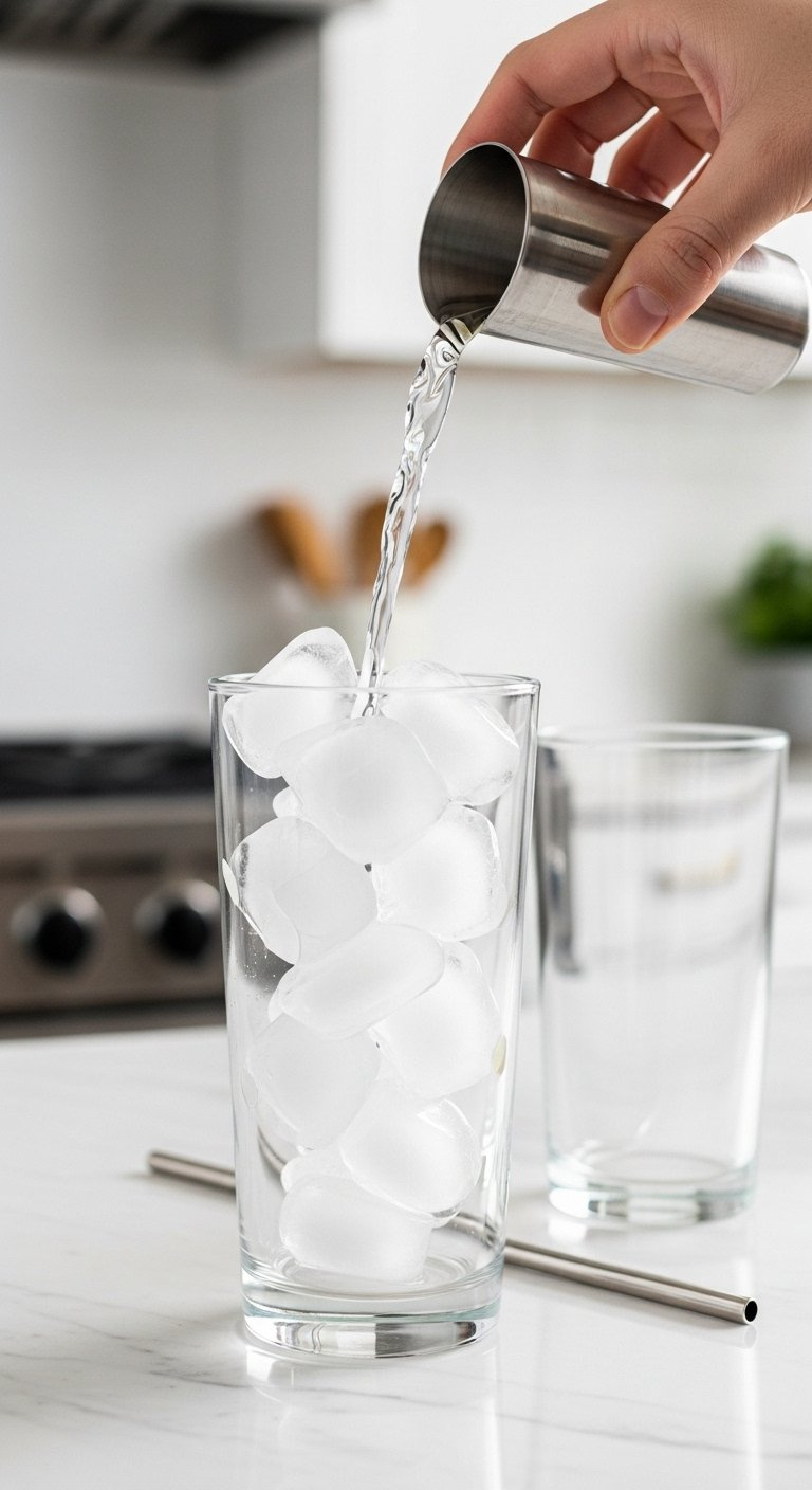 Tall Clear Glass Filled Three-Quarters Full With Pristine Crystal-Clear Ice Cubes On White Marble.