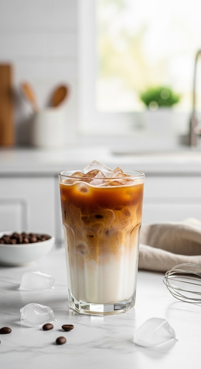 Tall Clear Glass Of Creamy Instant Iced Coffee With Ice Cubes On A White Marble Countertop.