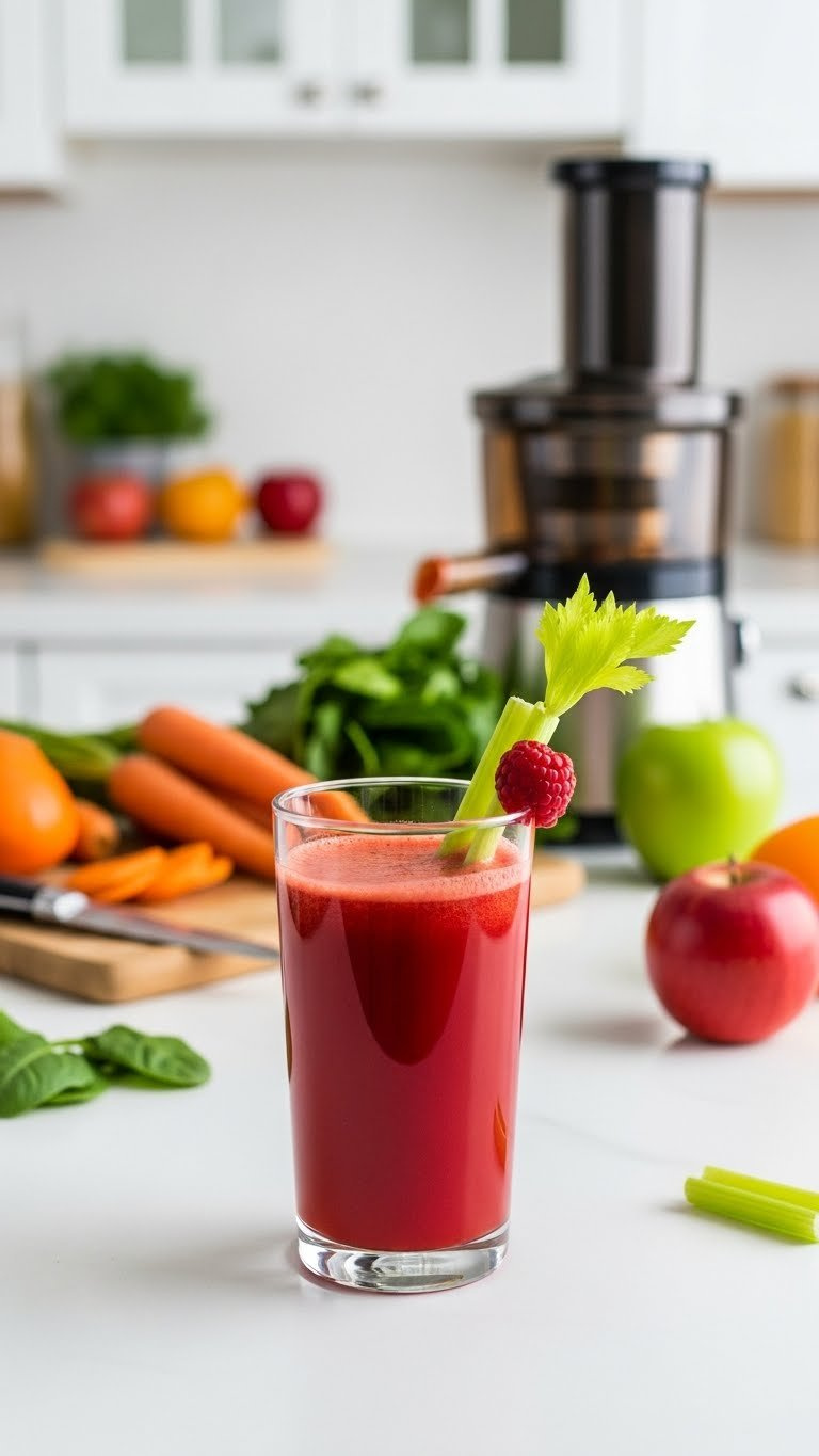 Tall Clear Glass Of Freshly Pressed Red Fruit And Vegetable Juice With Celery Stalk Garnish