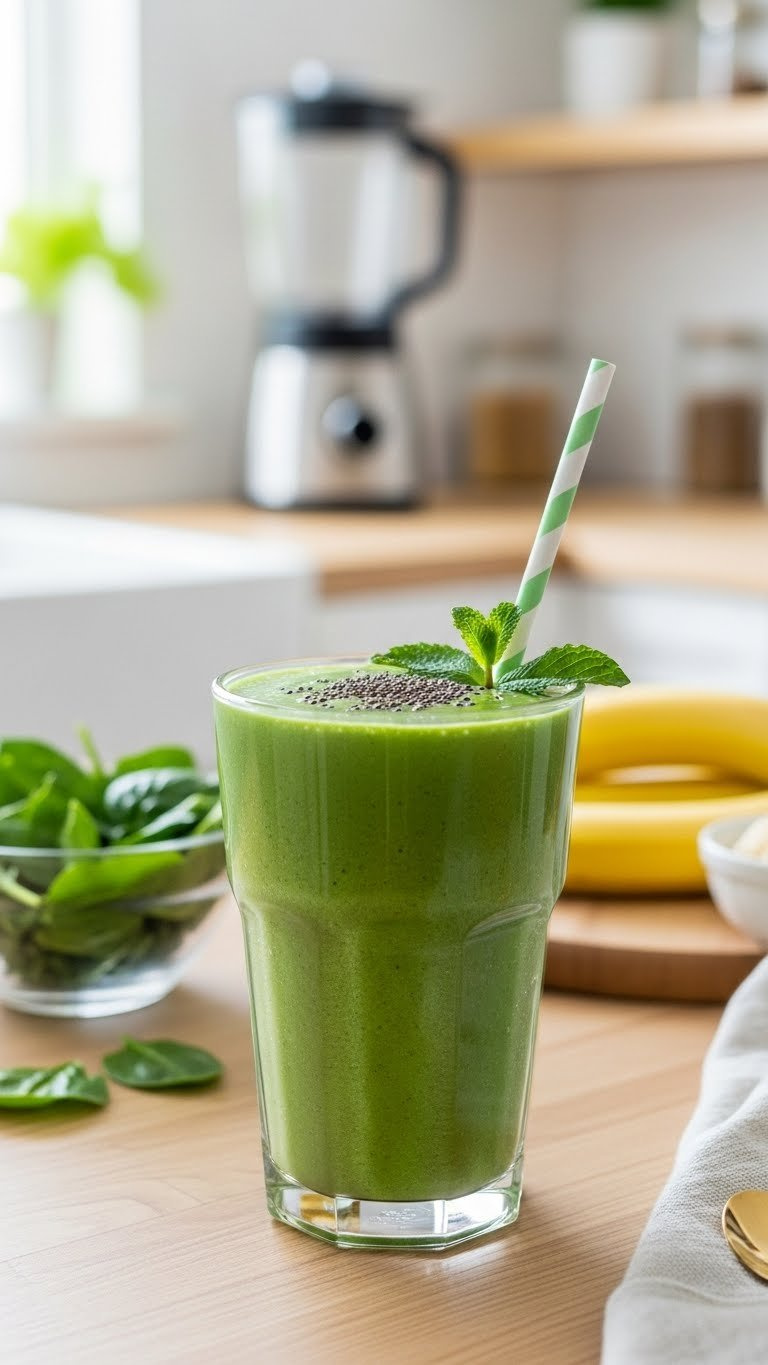Tall Clear Glass Of Vibrant Green Smoothie Topped With Chia Seeds And Mint Sprig On Light Wooden Kitchen Counter