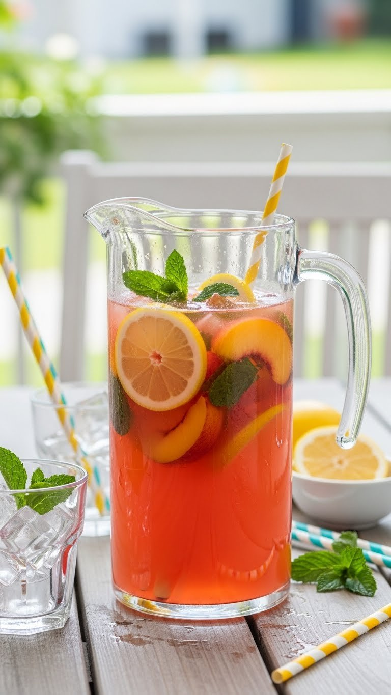 Tall Clear Glass Pitcher Filled With Bright Pink-Orange Peach Lemonade With Lemon Slices And Peach Wedges