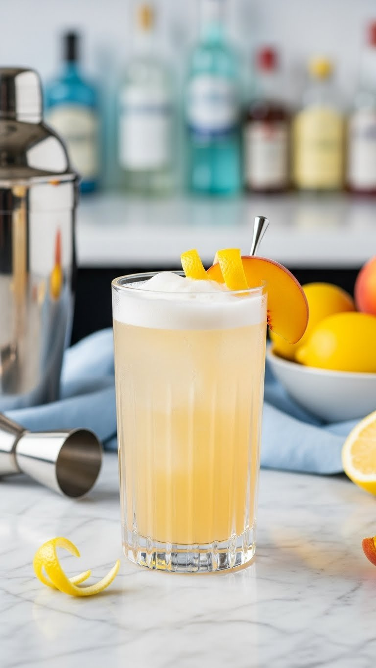 Tall Collins Glass Filled With Frothy Pale Golden Peach Gin Fizz Garnished With Lemon Twist And Peach Slice