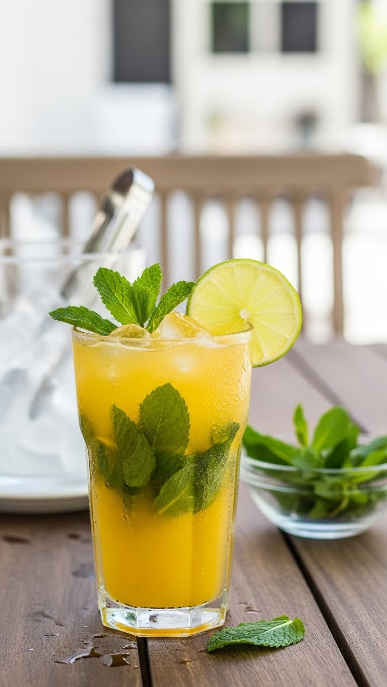Tall Condensation-Beaded Glass With Vibrant Mango Mojito Garnished With Fresh Mint Leaves And Lime Wedge On Rustic Wooden Table
