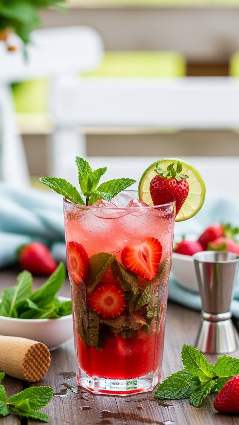 Tall Condensation-Beaded Strawberry Mojito Cocktail With Muddled Mint And Strawberries On Rustic Wooden Patio Table.
