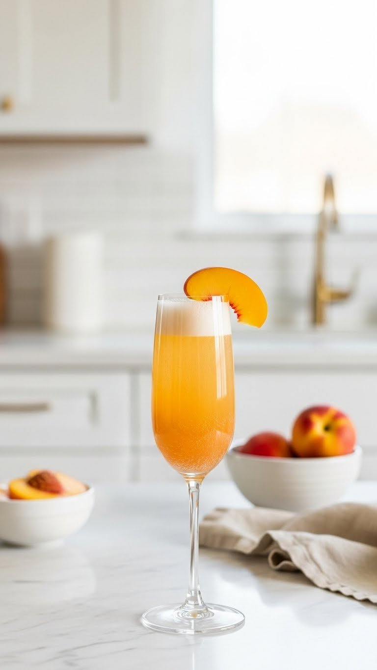 Tall Elegant Flute Glass Filled With Pale Orange Peach Bellini Featuring Lively Bubbles And Fresh Peach Slice Garnish On Marble Countertop