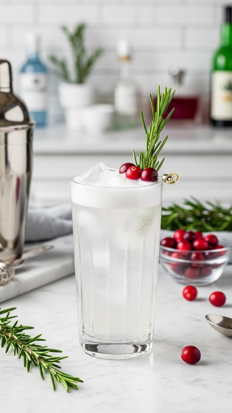 Tall Elegant Gin Fizz In Chilled Highball Glass With Rosemary Sprig And Cranberries On Light Marble Surface
