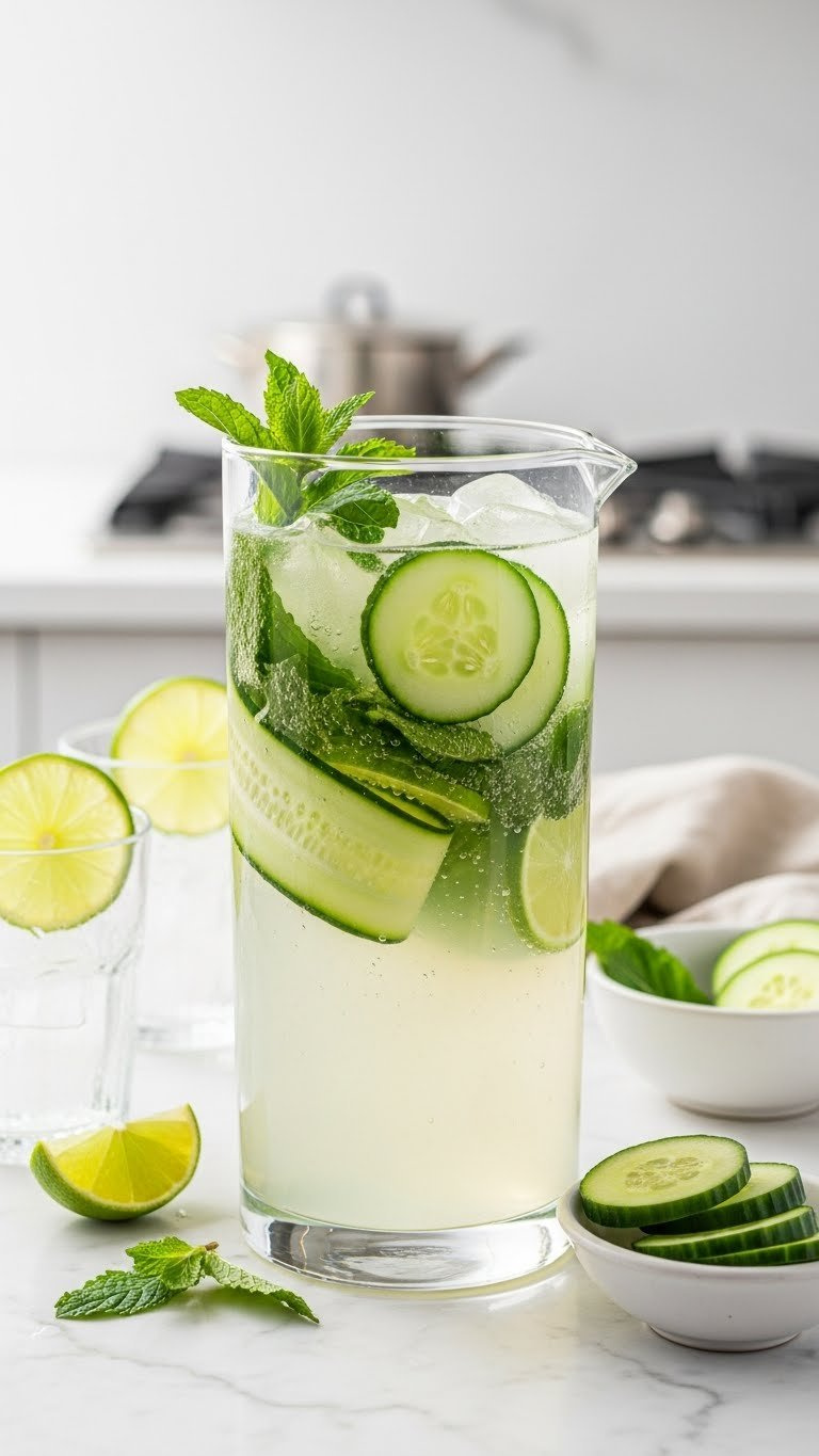 Tall Elegant Glass Pitcher With Clear Sparkling Cucumber Mint Refresher Garnished With Fresh Cucumber Slices And Mint Sprigs.