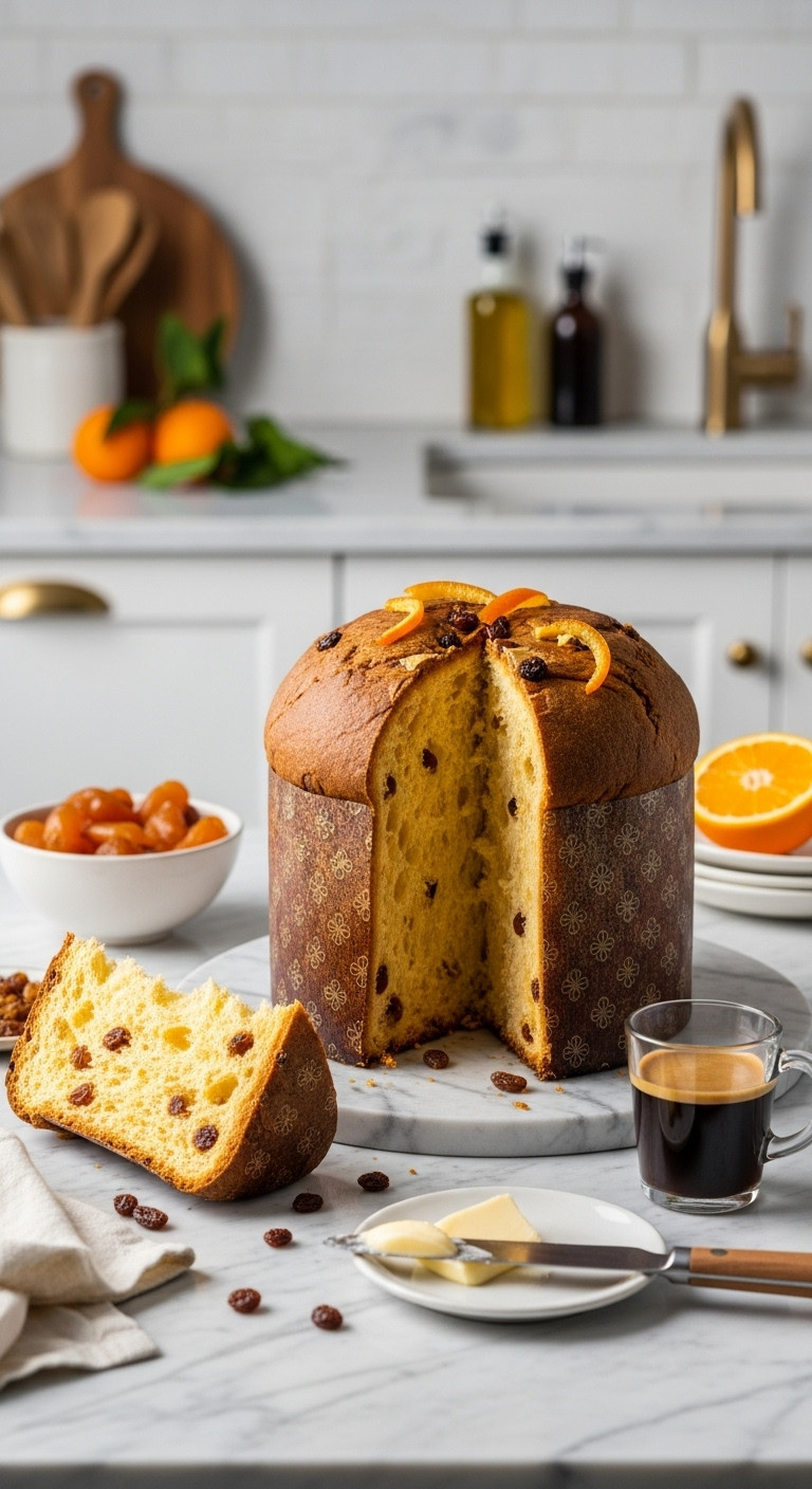 Tall, Fluffy Italian Panettone With A Slice Cut To Show Its Airy Interior Studded With Candied Orange Peel And Raisins.