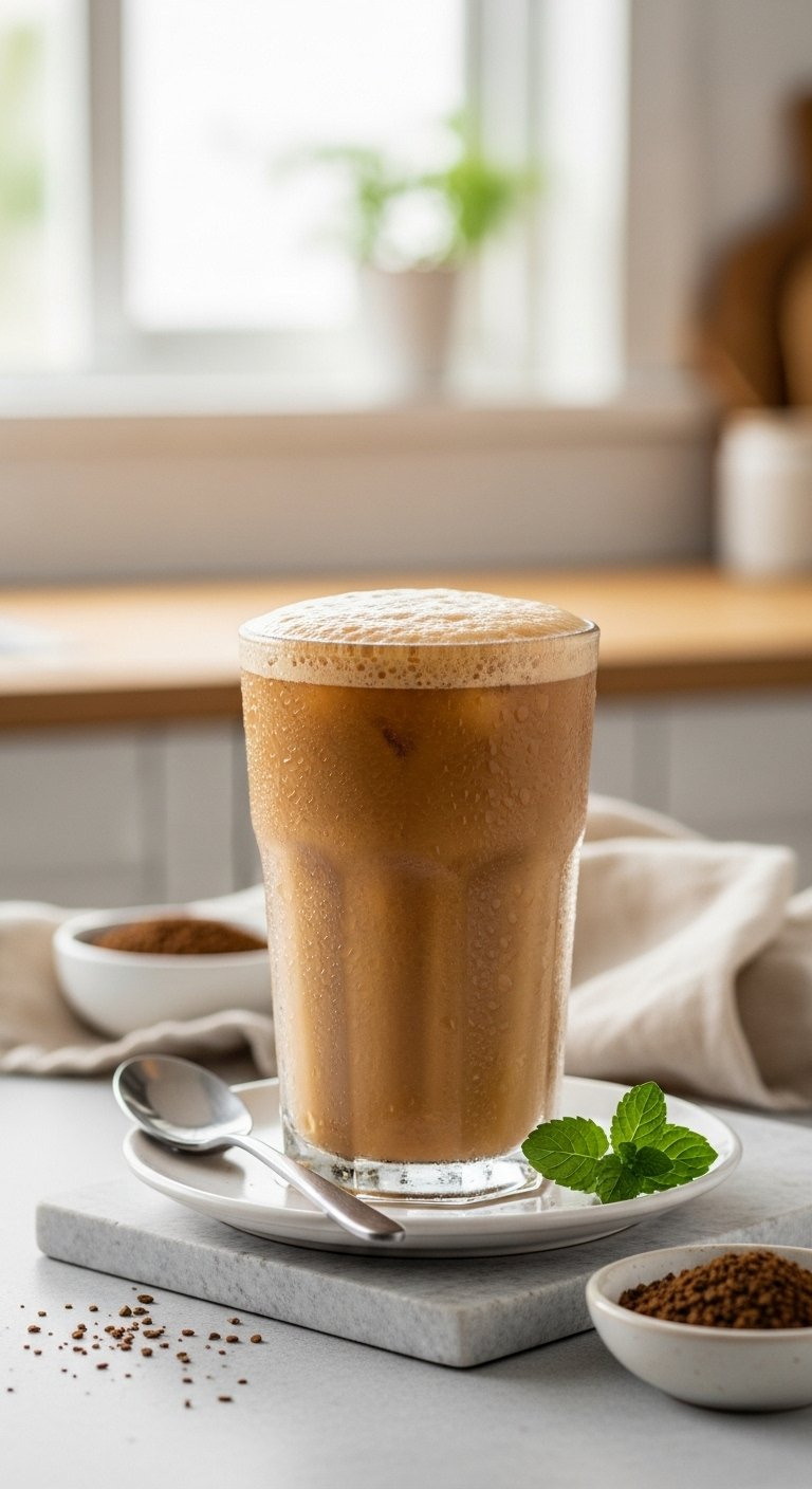 Tall Frosted Glass Of Golden Instant Iced Coffee With Foam On A Stone Surface.
