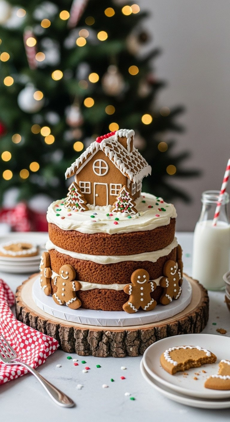 Tall Gingerbread House Layer Cake With Spice Cake, Cream Cheese Frosting, Mini Gingerbread House, Cookies, Sprinkles. Holiday Recipe.