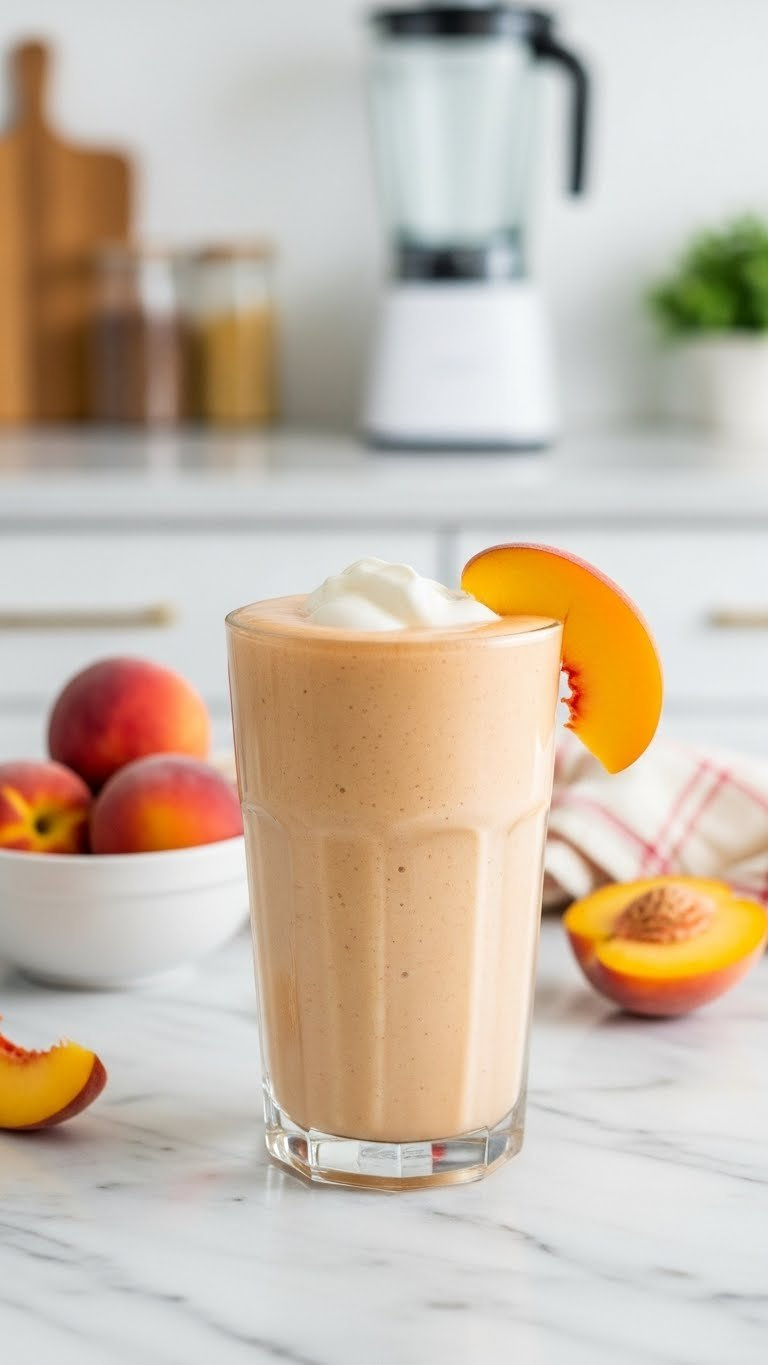 Tall Glass Filled With Thick Creamy Peach Smoothie Topped With Whipped Cream And Fresh Peach Slice On Marble Countertop