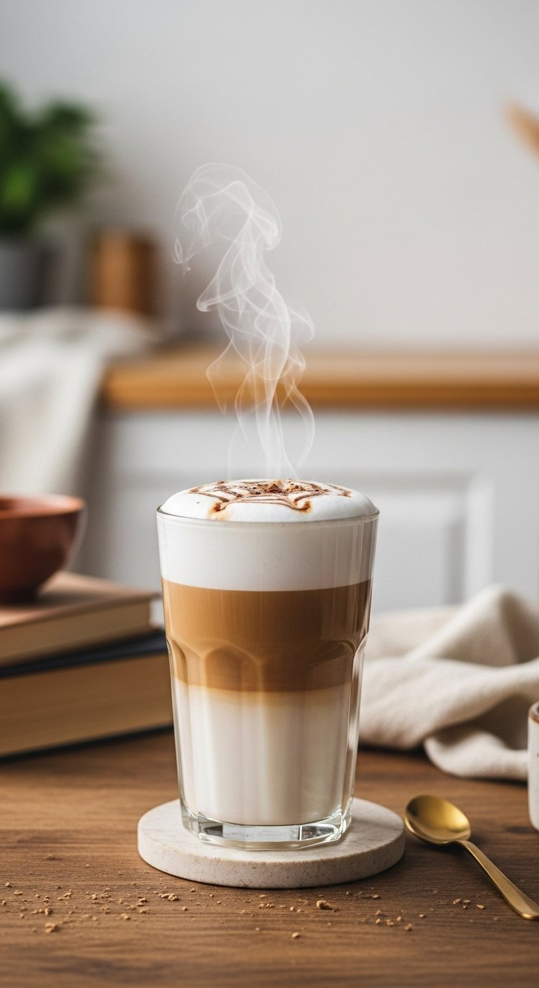 Tall Glass Instant Coffee Latte With Distinct Layers Of Rich Coffee, Steaming Milk, And Velvety Foam On Rustic Wood.