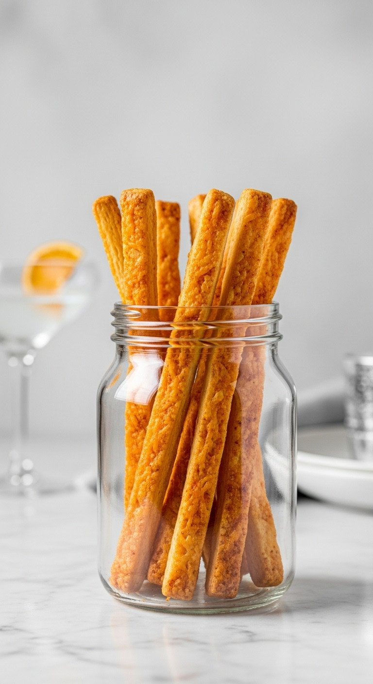 Tall Glass Jar Filled With Crispy, Golden Cheddar Cheese Straws, A Chic And Modern Savory Appetizer For A Cocktail Party.