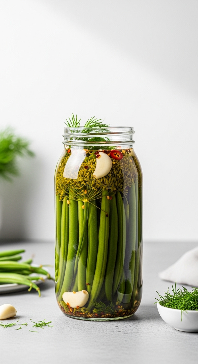 Tall Glass Jar Of Vibrant Green Dilly Beans With Garlic Dill Seeds And Red Pepper Flakes On Concrete With Fresh Green Beans