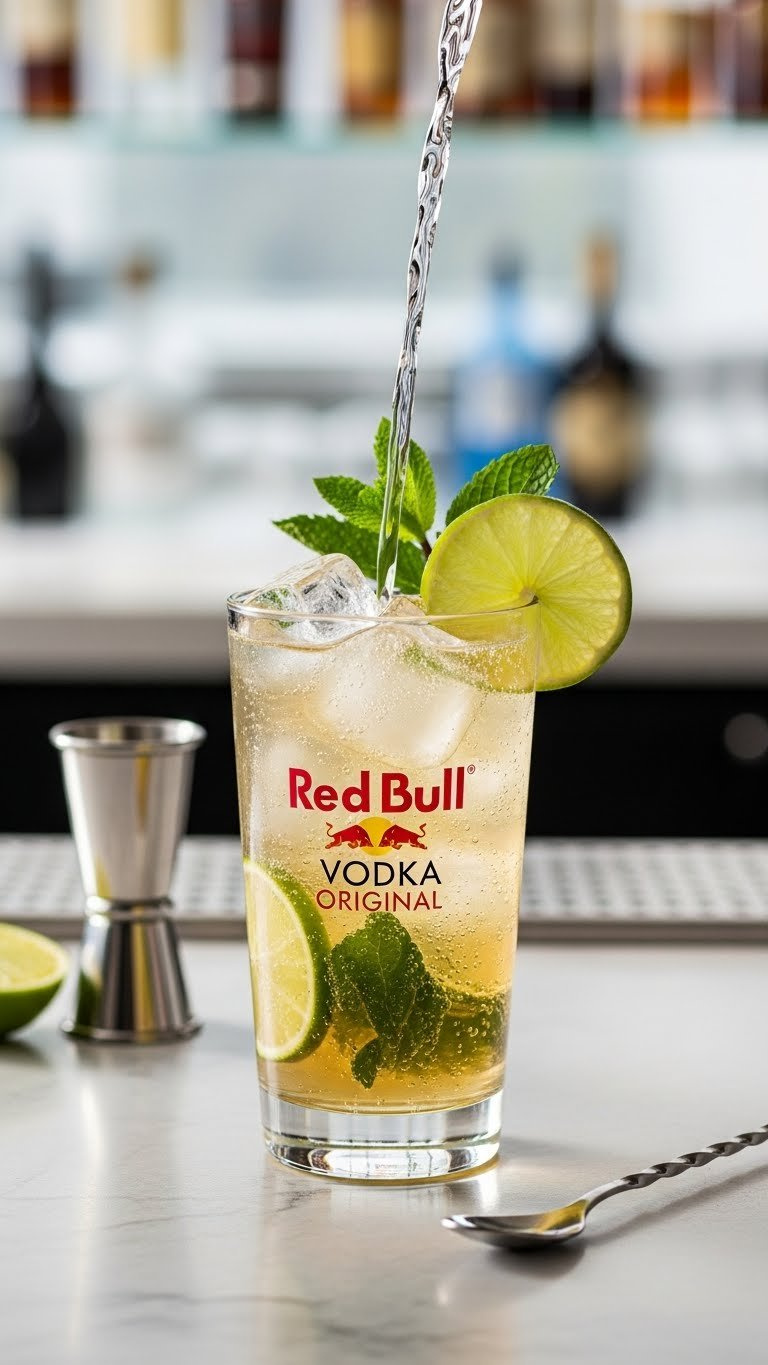 Tall Glass Of Red Bull Vodka Cocktail With Lime Wheel And Mint Garnish On Sleek Bar Top With Bokeh Background