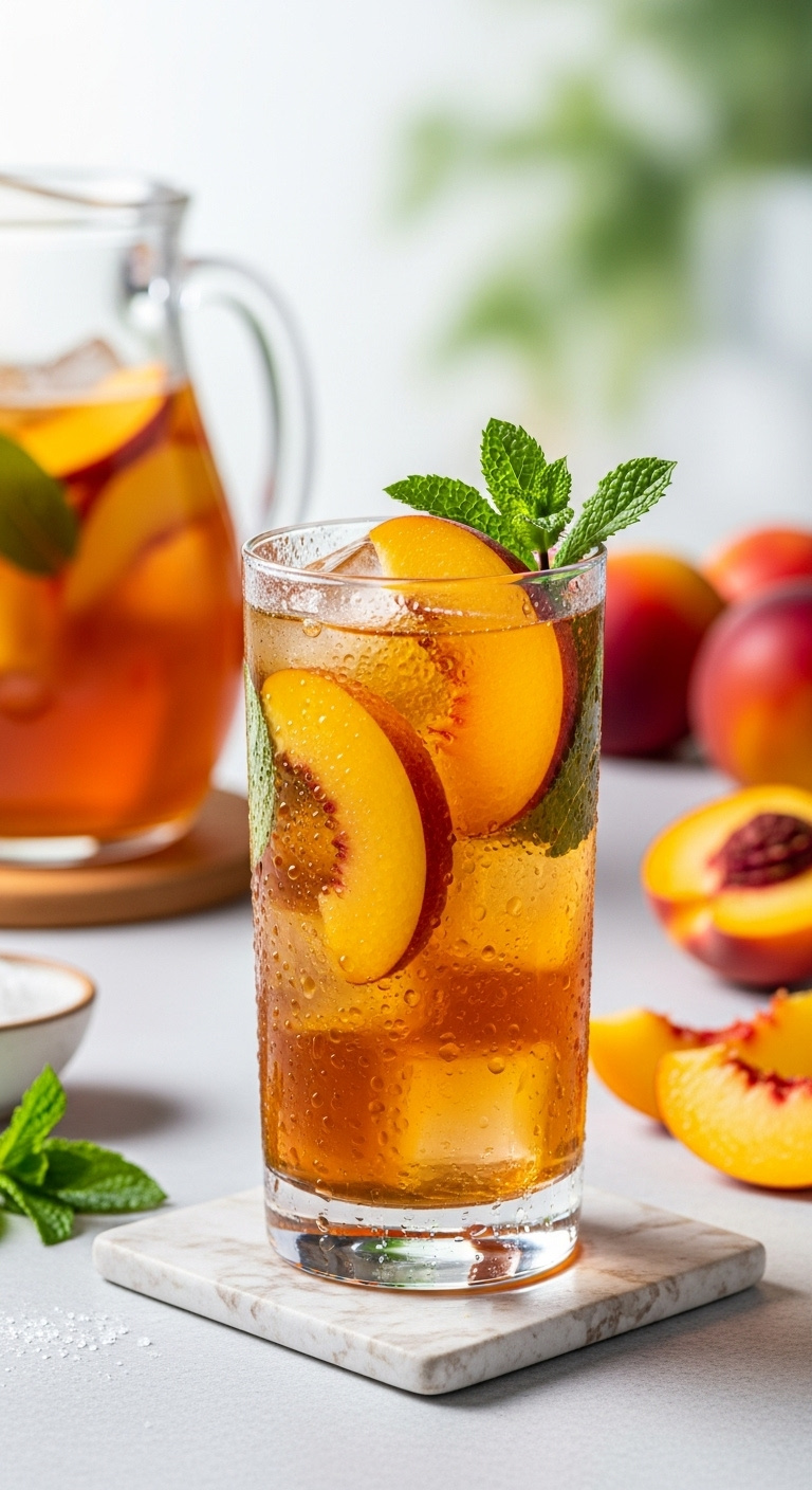 Tall Glass Of Amber Fresh Peach Iced Tea With Peach Slices Mint And Condensation In A Bright Setting