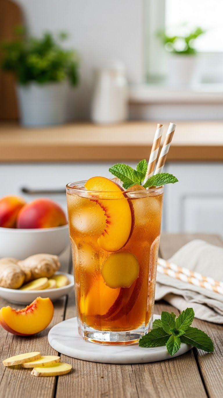 Tall Glass Of Amber Peach Ginger Iced Tea With Sliced Peaches, Ginger Slices, And Mint Garnish On Rustic Wooden Table