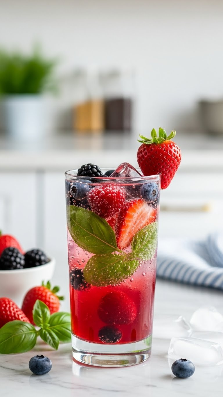 Tall Glass Of Berry Basil Sparkling Water Infusion With Mixed Berries, Basil Leaves, And Rising Bubbles On Marble Countertop