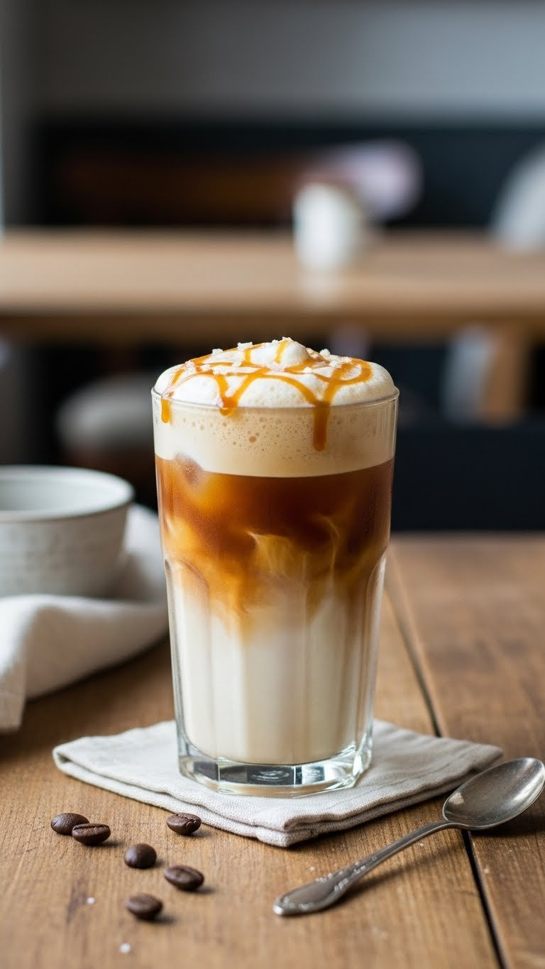 Tall Glass Of Caramel Cold Brew Coffee With Layered Caramel Drizzle And Salted Foam On Rustic Wooden Table In Cozy Coffee Shop Setting.