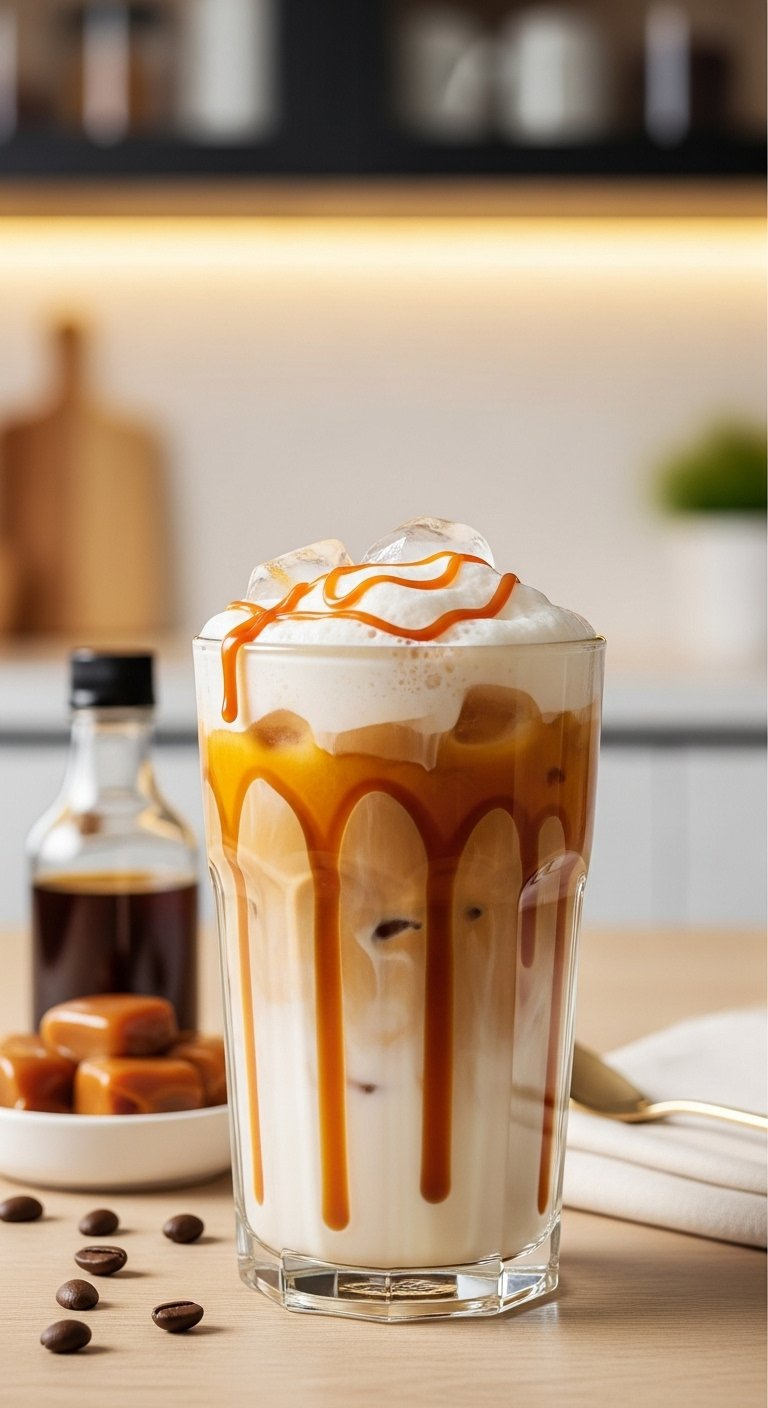 Tall Glass Of Caramel Iced Coffee With Golden Swirls And Frothy Milk On A Light Wooden Table.