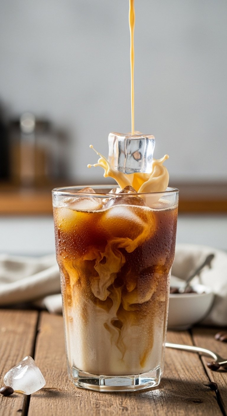 Tall Glass Of Classic Iced Coffee With Large Ice Cubes And Swirling Milk On A Rustic Wooden Table.