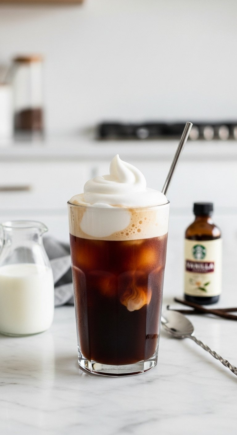 Tall Glass Of Cold Brew Coffee Topped With Thick Sweet Cream Cold Foam On A Light Marble Surface.