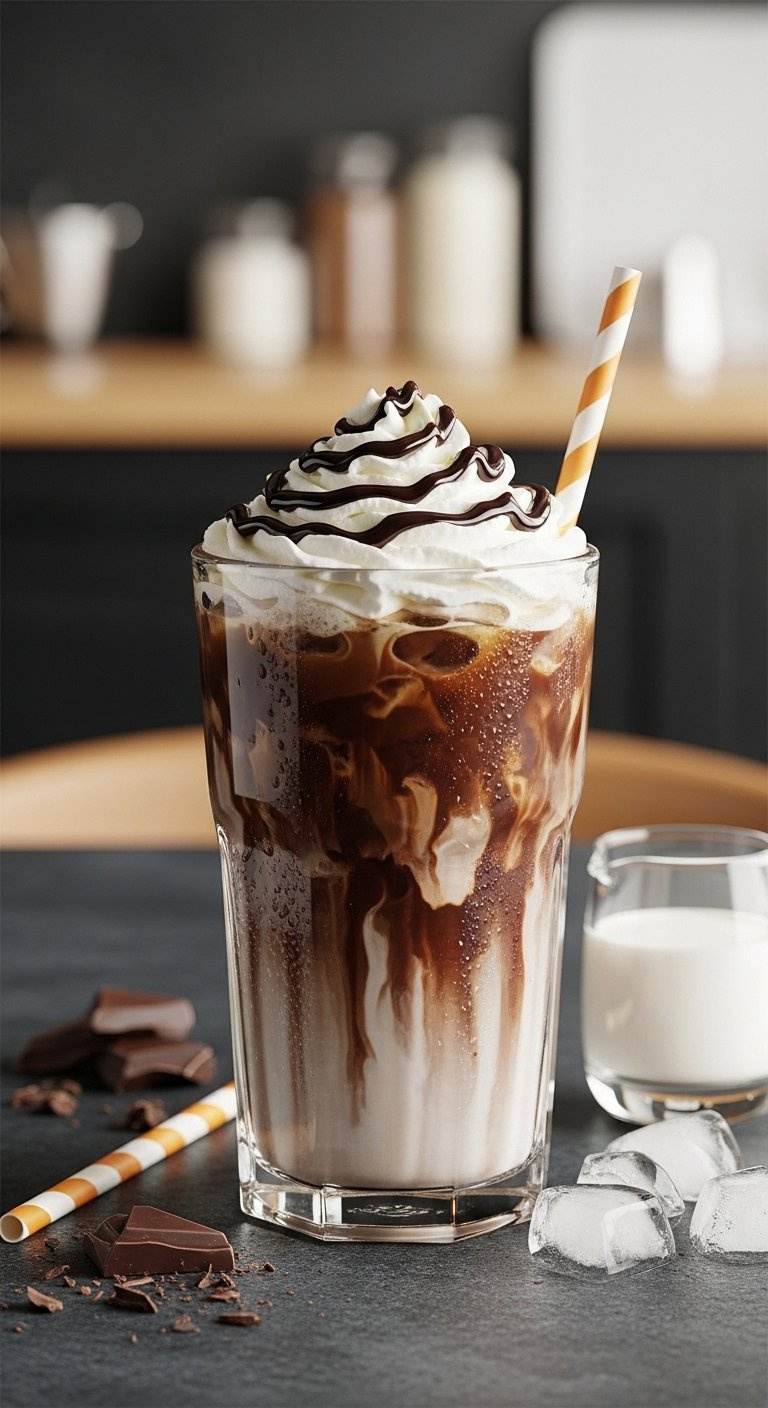 Tall Glass Of Decadent Iced Mocha With Whipped Cream Chocolate Syrup Drizzle On A Dark Stone Surface.