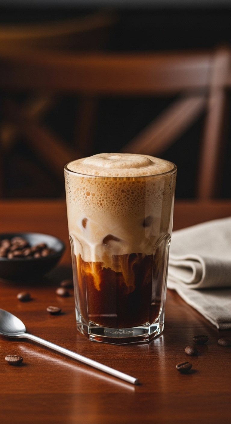 Tall Glass Of Foamy Cold Coffee With A Thick Frothy Layer On Dark Wood.