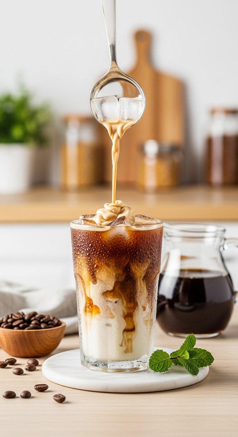 Tall Glass Of Homemade Sweet Iced Coffee With Creamy Milk, Caramel Swirl, And Ice Cubes On A Light Wooden Table.