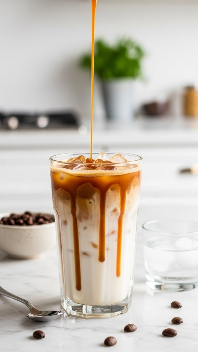 Tall Glass Of Iced Caramel Macchiato With Layered Vanilla Milk, Espresso Shot, And Caramel Drizzle Cascading Down The Sides On Marble Countertop