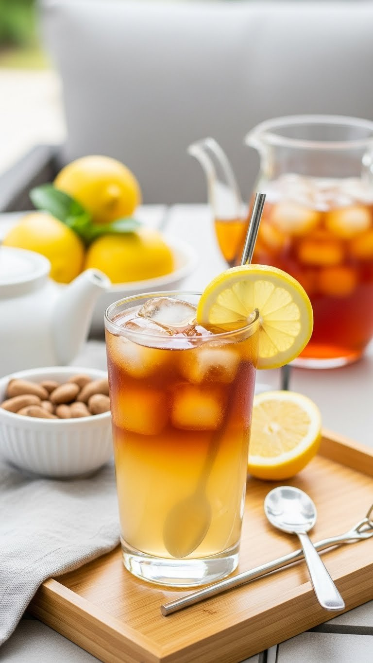 Tall Glass Of Iced Tea Lemonade Arnold Palmer Showing Distinct Amber And Yellow Layers With Lemon Wheel And Long-Handled Spoon