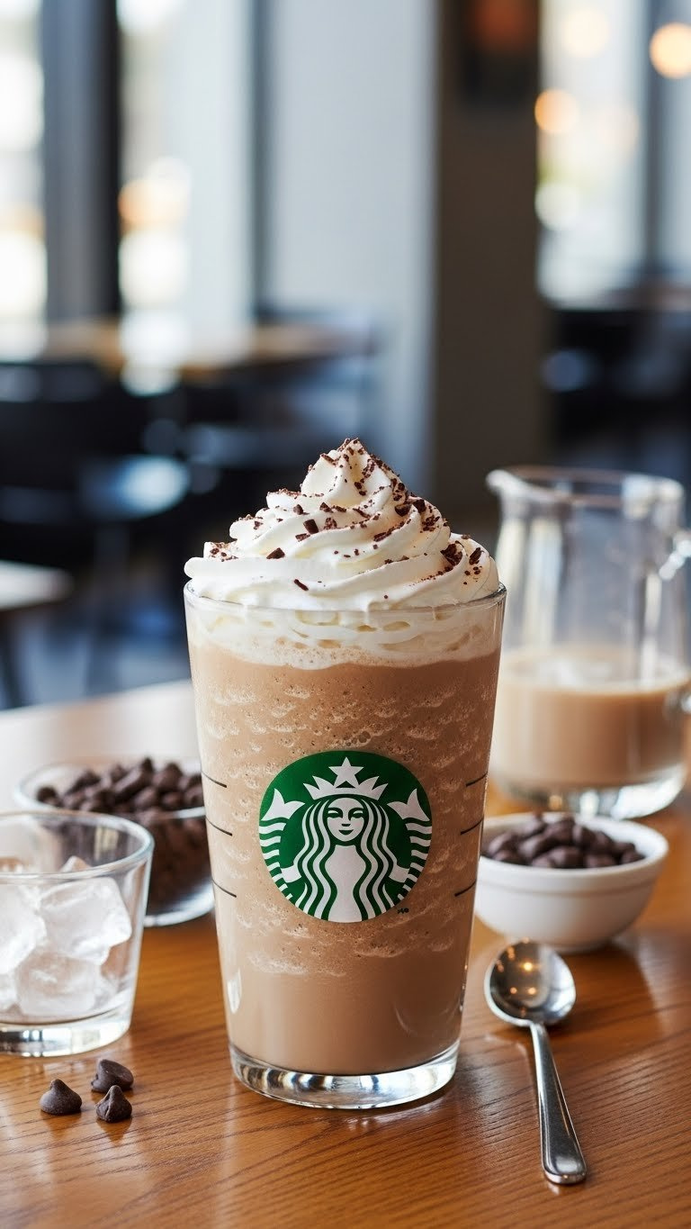 Tall Glass Of Java Chip Frappuccino With Thick Icy Texture, Whipped Cream, And Chocolate Shavings On Wooden Table
