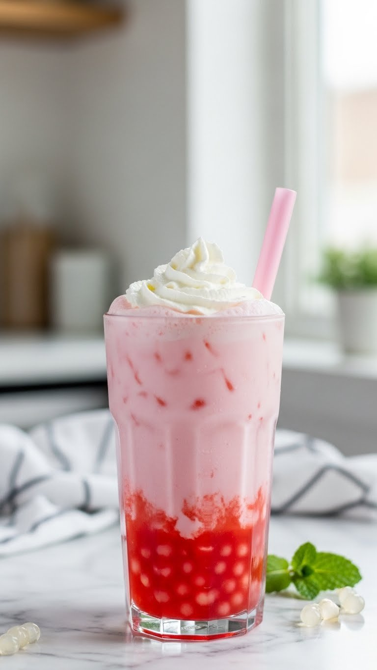 Tall Glass Of Strawberry Milk Tea With Fluffy White Cloud-Like Foam Topping And Translucent Tapioca Pearls On Marble Countertop
