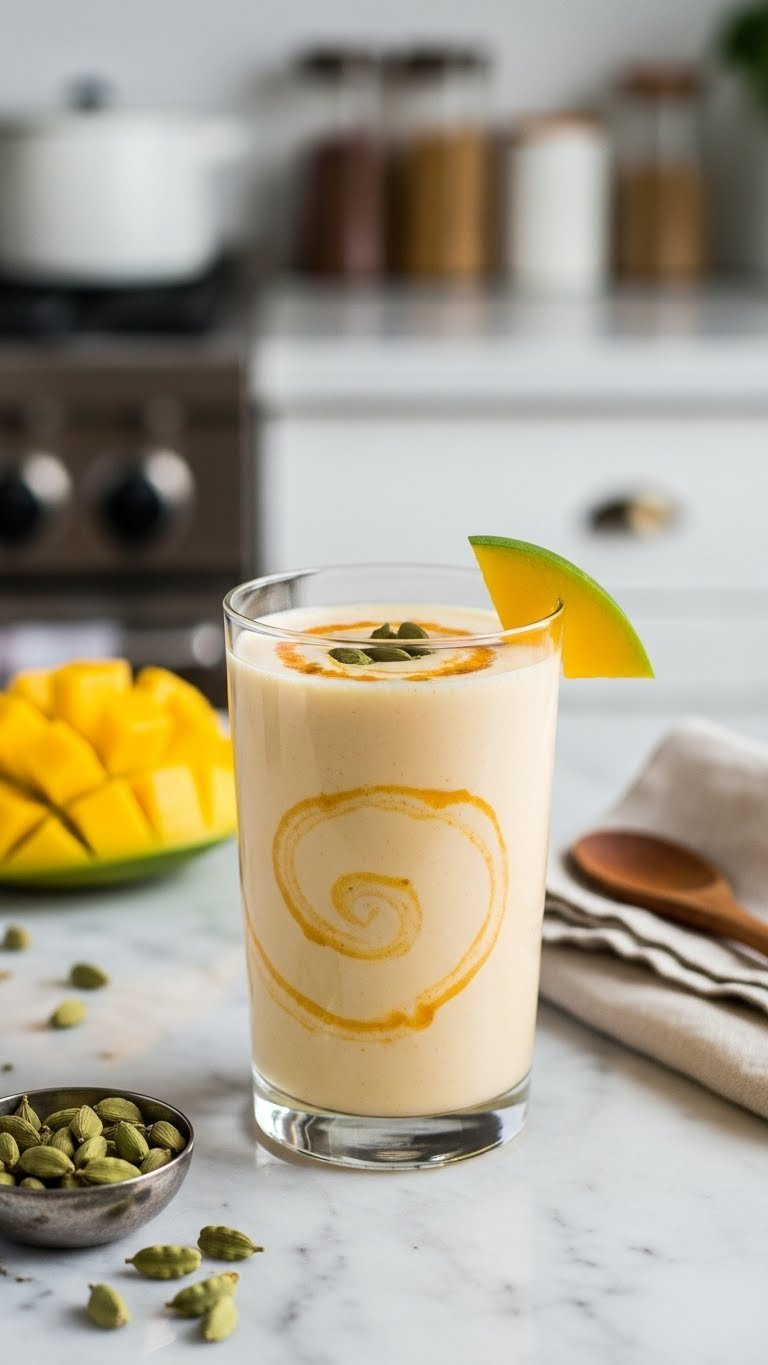 Tall Glass Of Thick Mango Lassi Swirled With Cardamom Powder And Garnished With Fresh Mango Slice