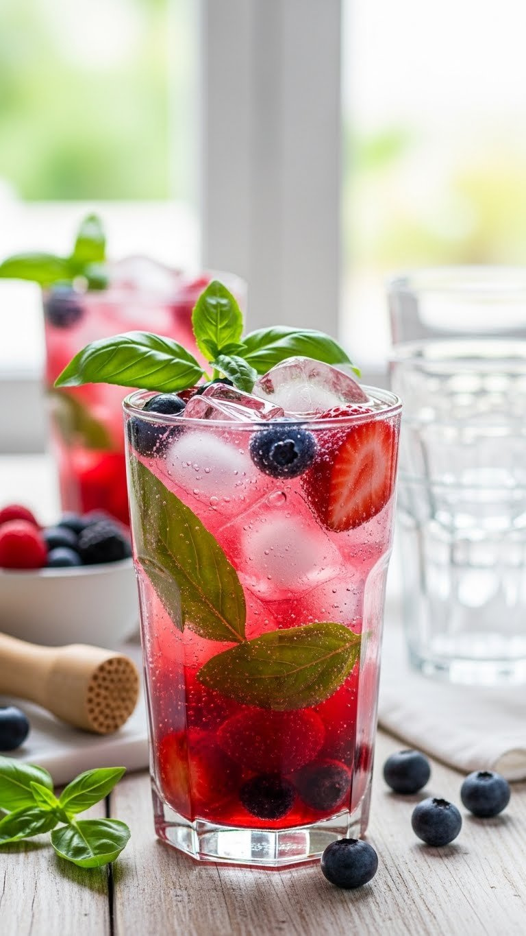 Tall Glass Of Vibrant Berry Basil Smash With Muddled Mixed Berries And Basil Leaves On Rustic Wooden Table