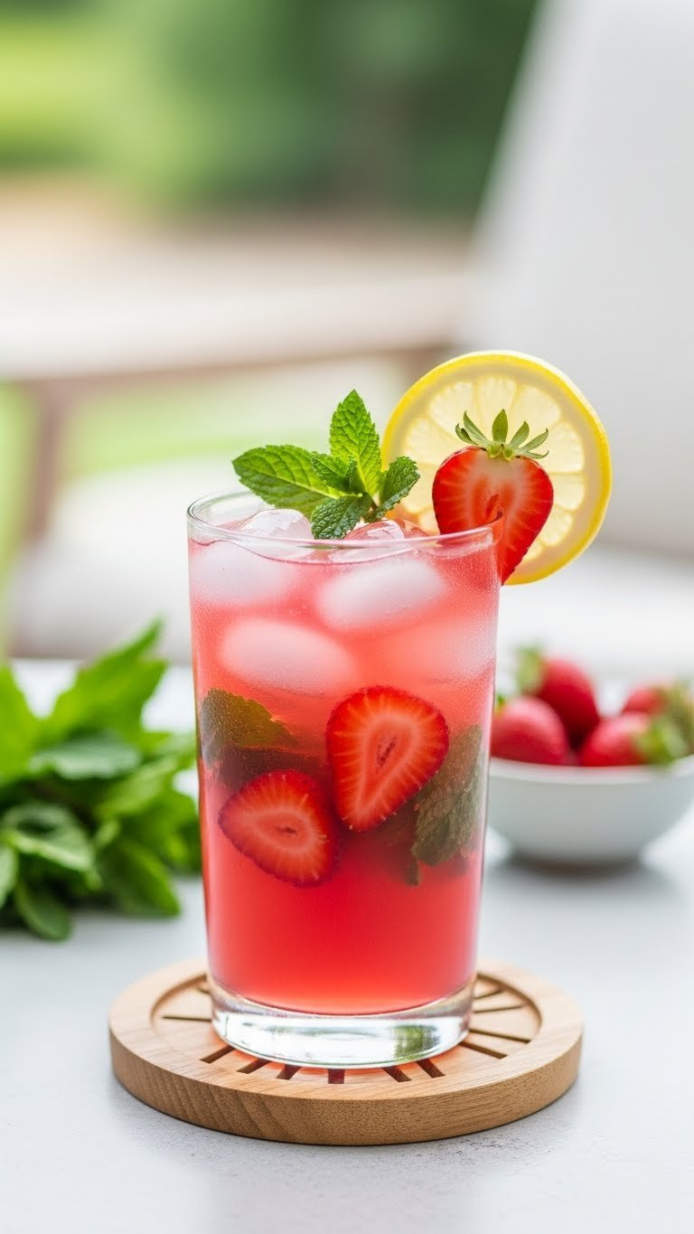 Tall Glass Of Vibrant Pink Strawberry Mint Lemonade With Muddled Strawberries And Fresh Mint Leaves Garnished With Lemon Slice Against Outdoor Patio Background