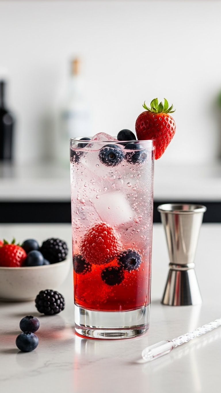 Tall Glass Of Vodka Soda With Mixed Berries And Ice Cubes On Sleek Modern Countertop