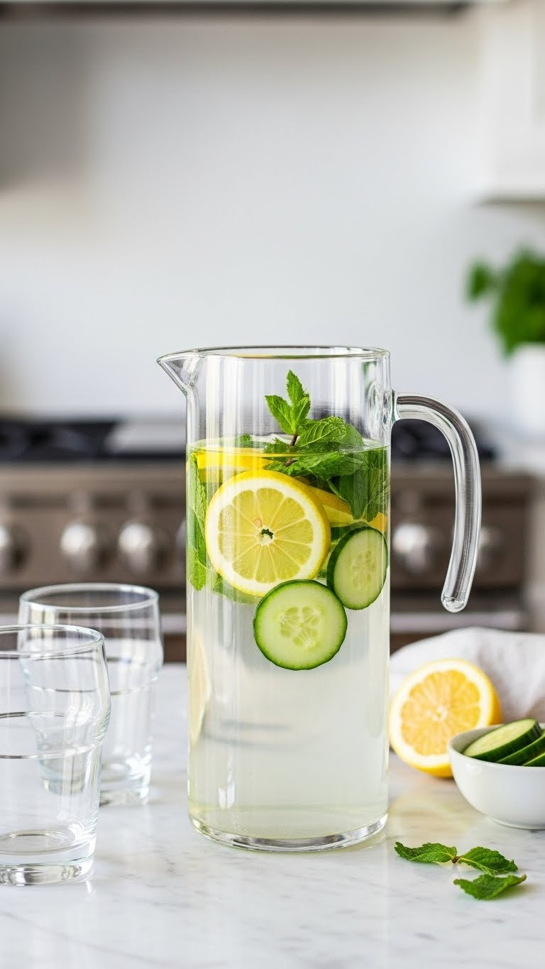 Tall Glass Pitcher With Crystal Clear Low Calorie Infused Water Featuring Fresh Lemon Slices, Cucumber, And Mint Leaves On Marble Countertop