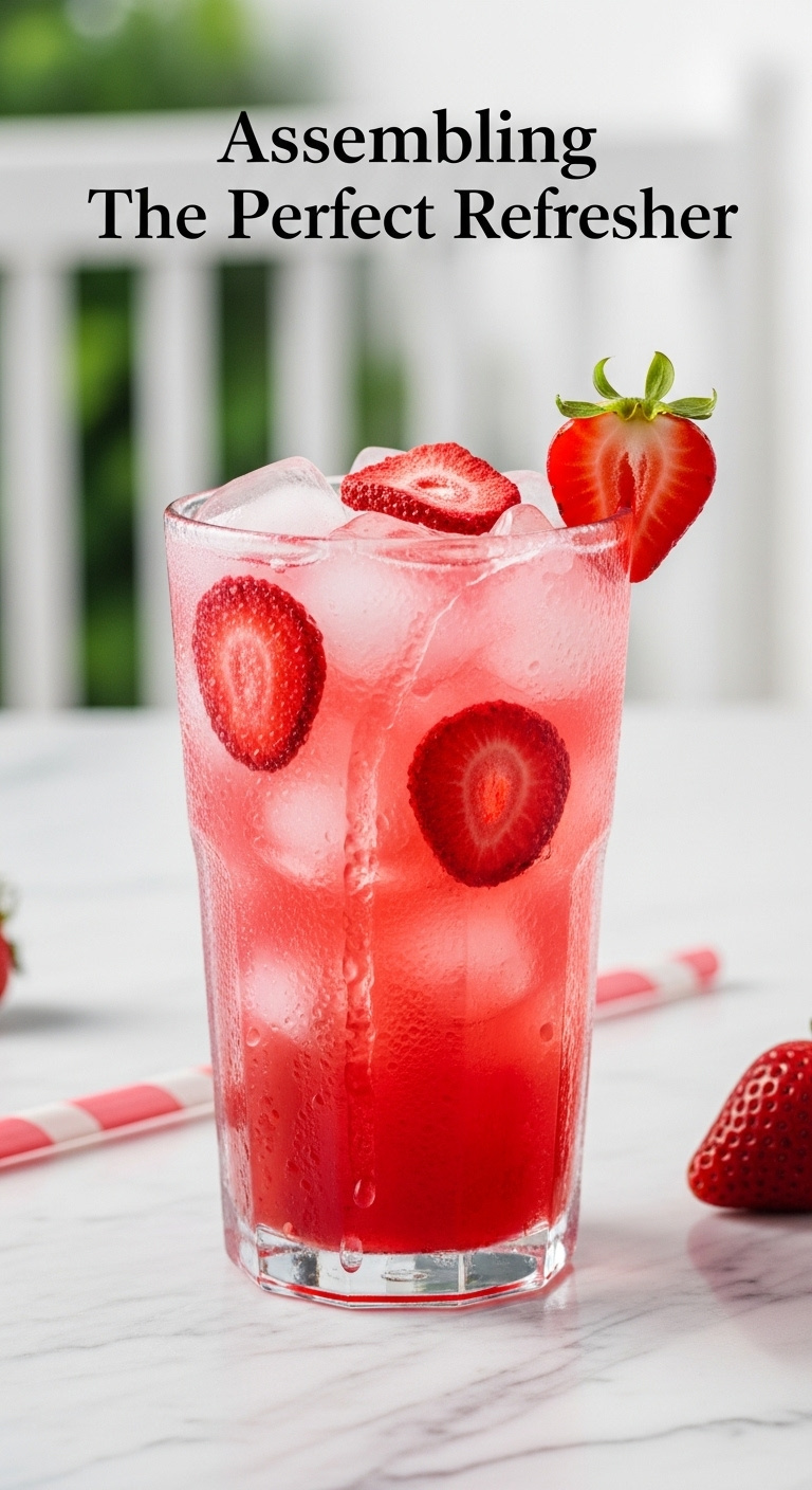 Tall Glass With Finished Strawberry Acai Refresher Ice And Freeze Dried Strawberries On A Marble Countertop With A Straw